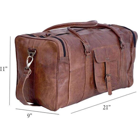 🆕 Men Brown Leather Bag Square Duffel Travel Gym Sports Overnight Weekend Style - Picture 6 of 9